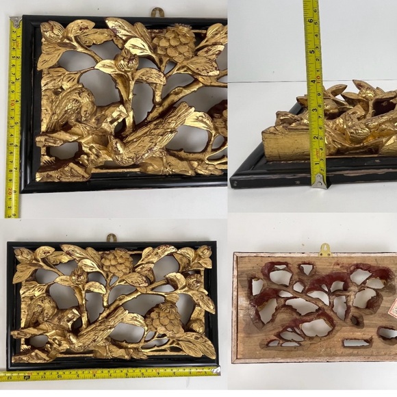Asian Hand Carved Gilt Wooden Bird Floral Art Hanging 13” x 8” Wall Panel Decor - Picture 15 of 16
